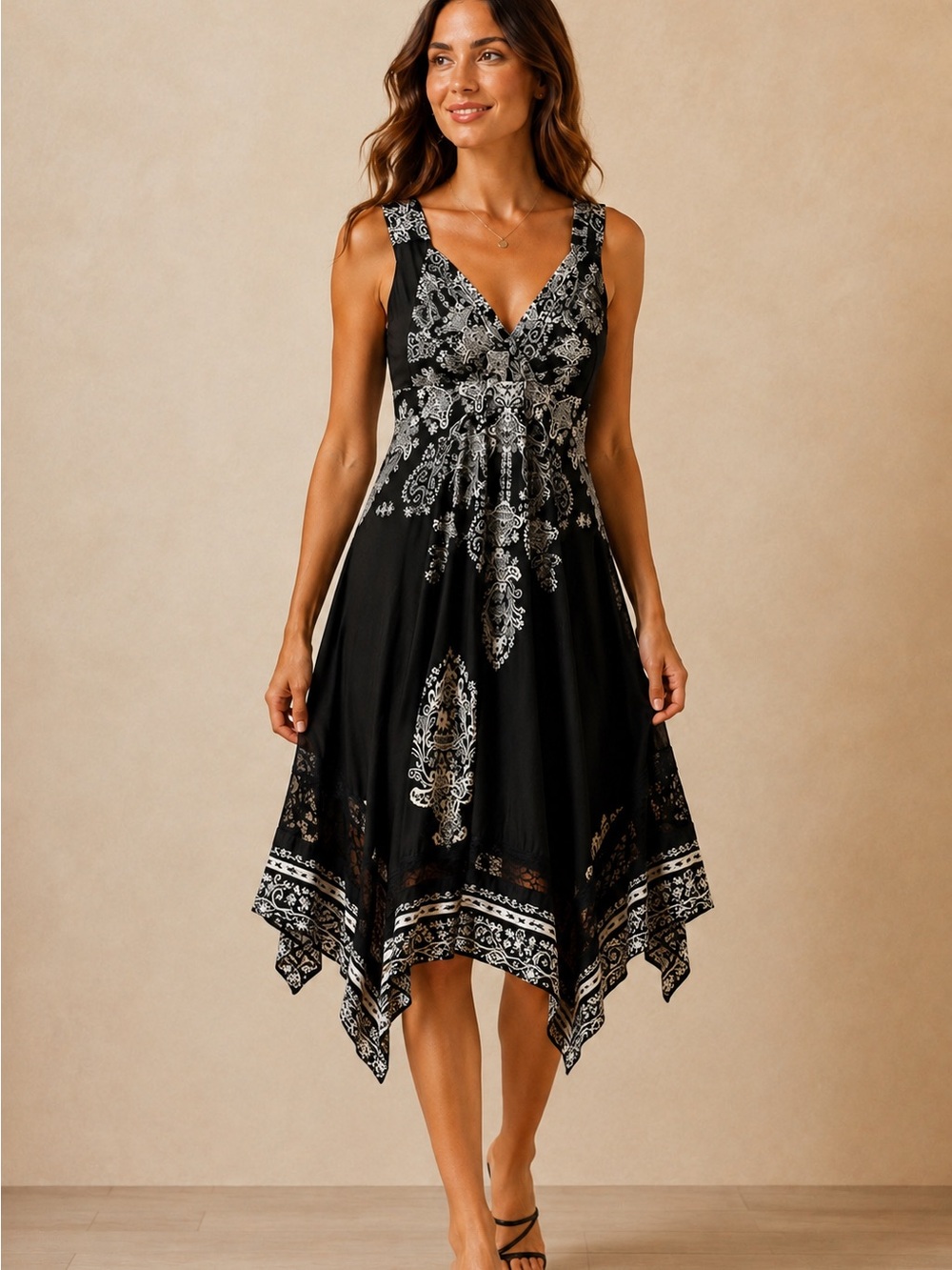 Sleeveless Black V-Neck Handkerchief Hem Dress with White Paisley Print